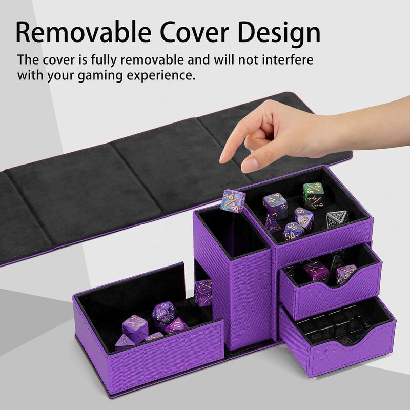 Stepane Dice Tray & Dice Tower Storage Box, 3 in 1 Dice Holder Case (Dice Rolling Tray, Dice Rolling Tower, Dice Storage Drawers), Leather Magnetic Closure DND Accessories Gifts for RPG MTG, Violet/Black - Image 3